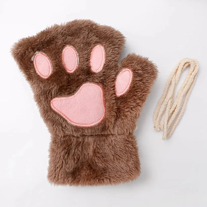 Winter Gloves Women Bear Plush Cat Paw Claw Cute Kitten Fingerless Mittens Christmas Halloween Girls