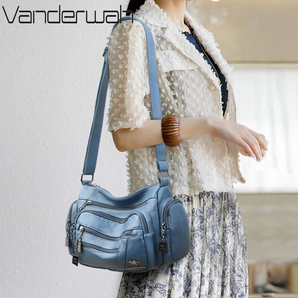 Multi-Pocket PU Leather Shoulder Bag – Women's Luxury Crossbody Messenger