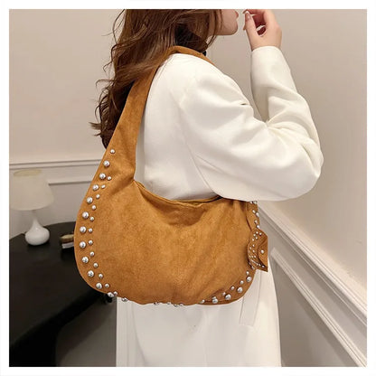 Rivet Studded Hobo Shoulder Bag – Women's Half Moon Tote