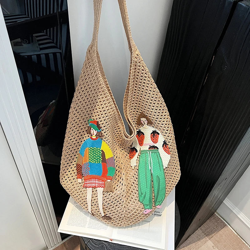 Crochet Knit Shoulder Tote Bag with Embroidery – Large Capacity