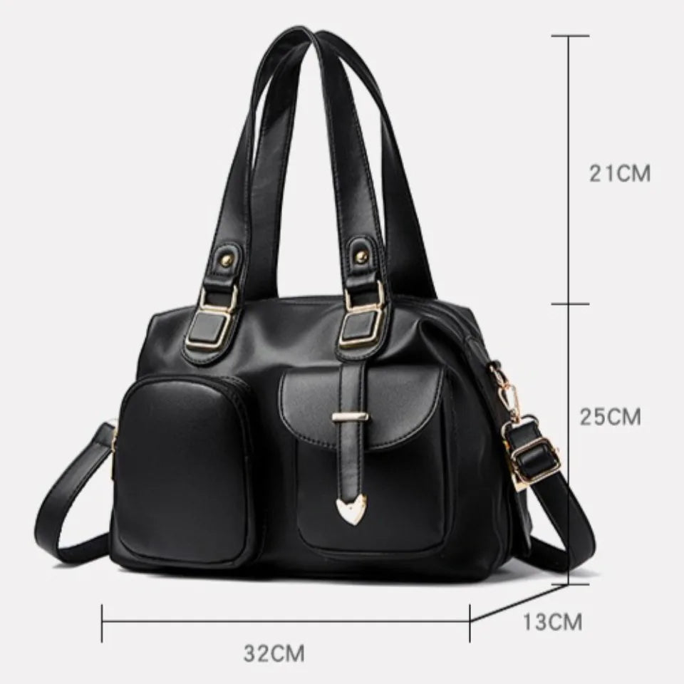 Leather Tote Handbag with Dual Front Pockets & Arrow Hardware