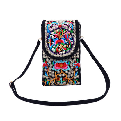 Embroidered Boho Crossbody Phone Bag for Women – Canvas Mini Shoulder Bag