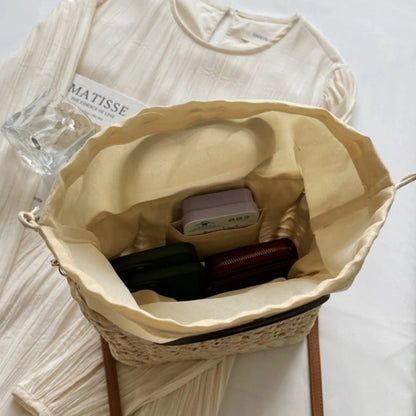 Women's Handmade Woven Straw Beach Tote Bag with Wooden Handle