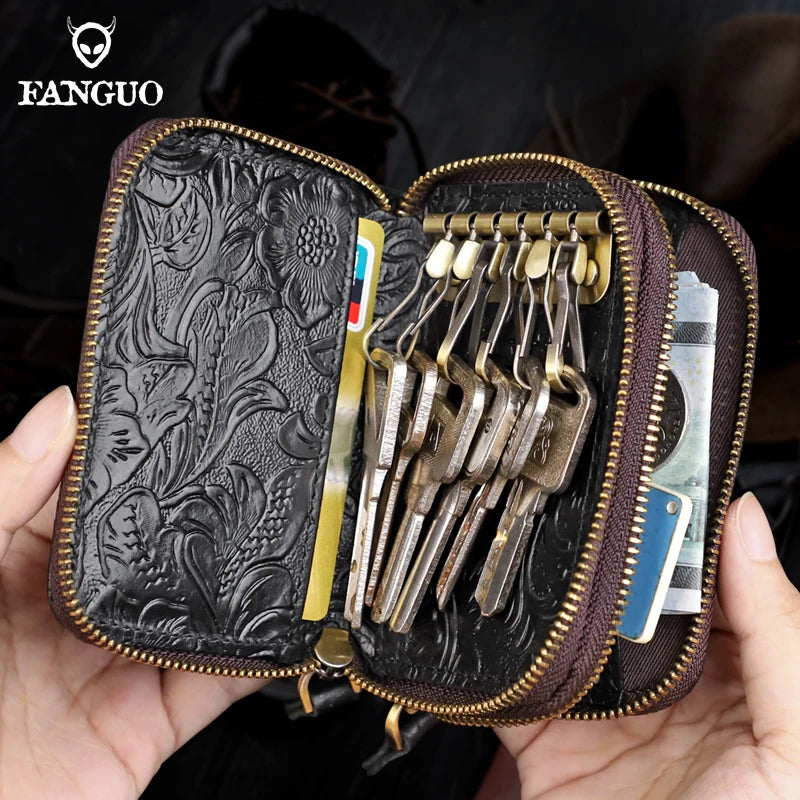 Genuine Leather Key Organizer Wallet – Floral Embossed Zipper Pouch with Wrist Strap