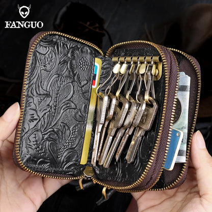 Genuine Leather Key Organizer Wallet – Floral Embossed Zipper Pouch with Wrist Strap