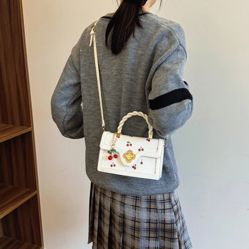 Cherry Print Crossbody Bag with Top Handle & Shoulder Strap
