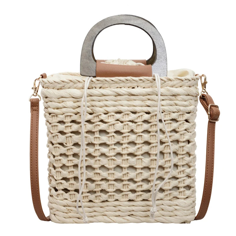 Women's Handmade Woven Straw Beach Tote Bag with Wooden Handle