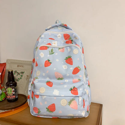 Strawberry Print Nylon Backpack – Cute Lightweight School Bag