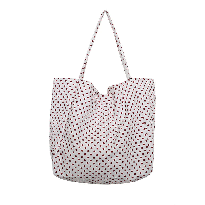 Polka Dot Canvas Tote Bag – Retro Large Capacity Shoulder Bag