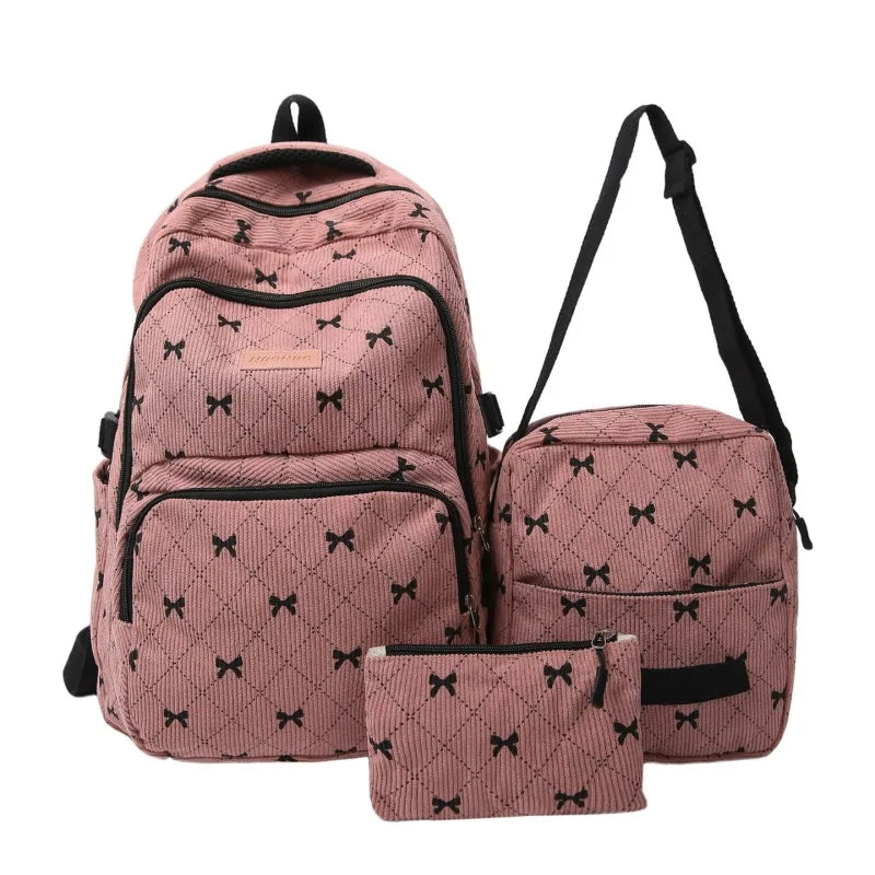 Bow Print Backpack Set – Large Capacity 3-Piece Women's Bag