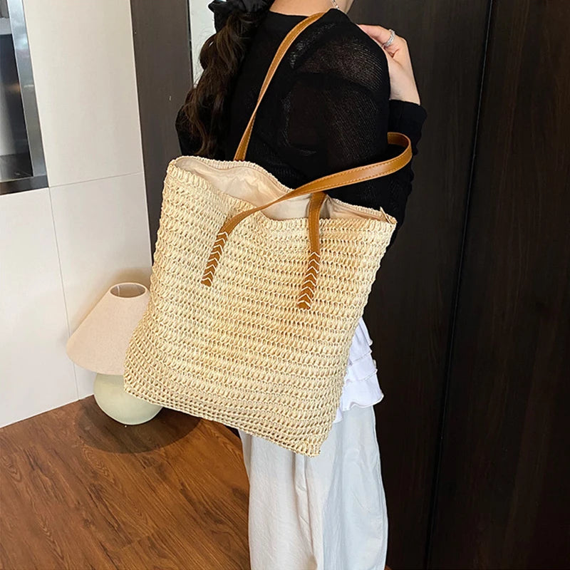 Straw Woven Tote Bag – Large Capacity Women's Shoulder Handbag