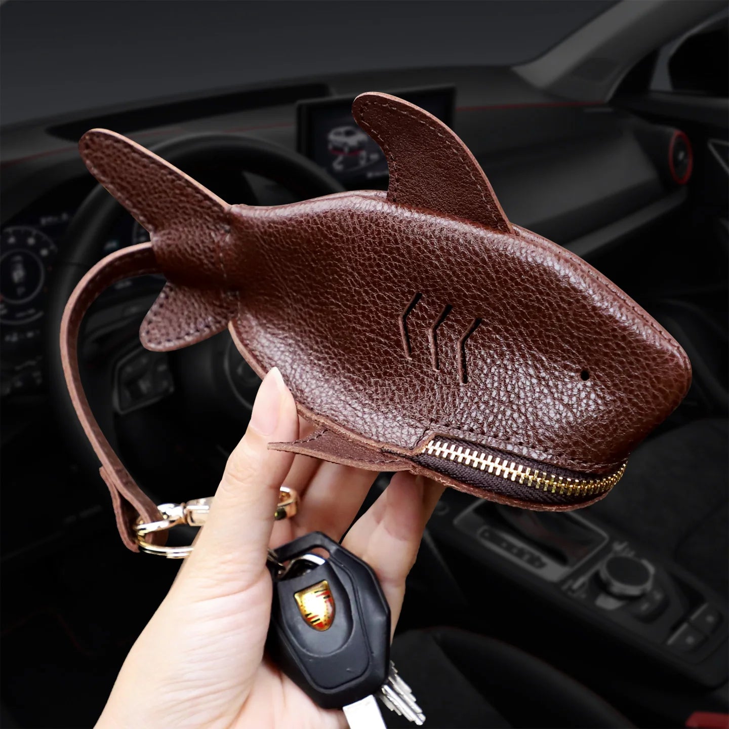 Leather Shark Key Pouch – Novelty Zip Coin Purse with Keychain