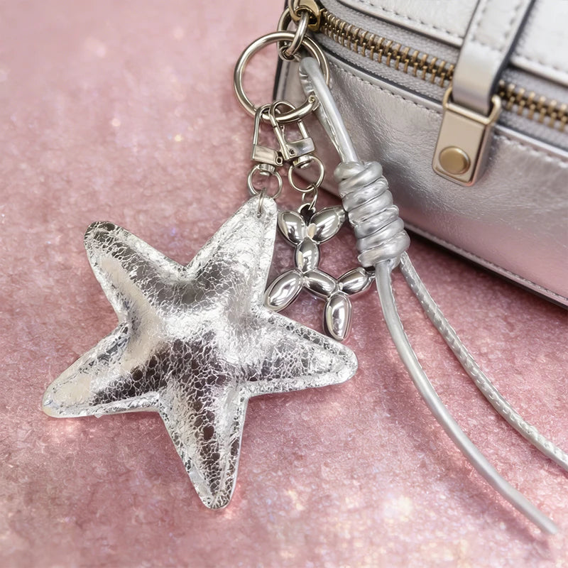Leather Star Bag Charm Keychain with Braided Rope