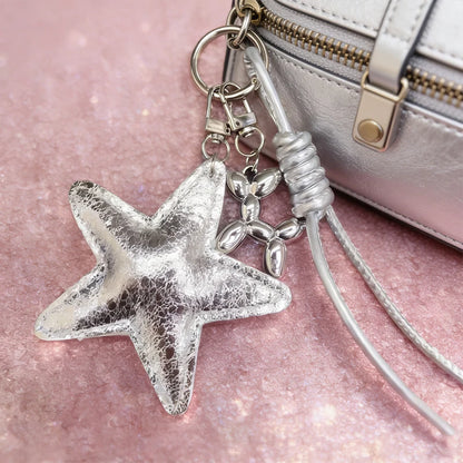 Leather Star Bag Charm Keychain with Braided Rope