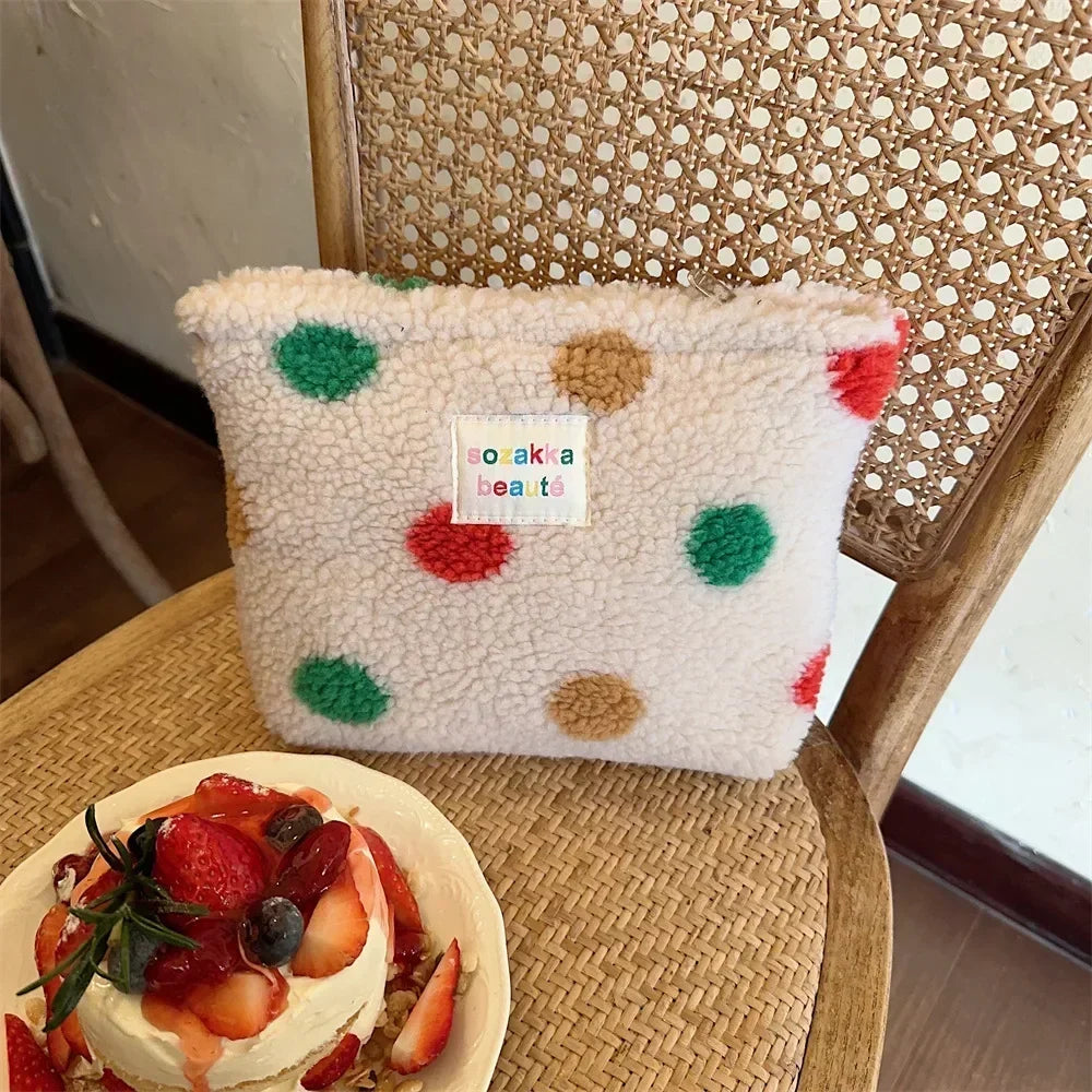 Colorful Dot Plush Makeup Bag – Large Capacity Cosmetic Pouch
