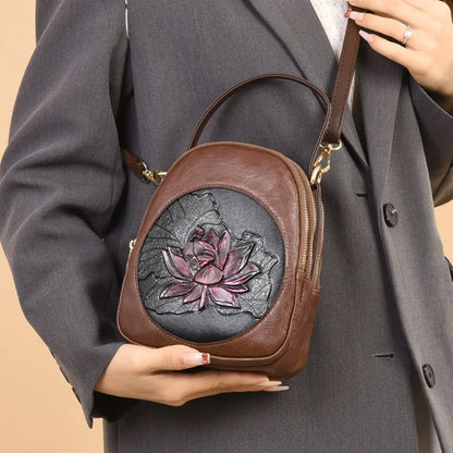 Lotus Embossed Leather Crossbody Bag – Mini Vintage Shoulder Bag