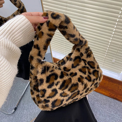 Fluffy Leopard Print Plush Bag – Women's Mini Shoulder Underarm Tote
