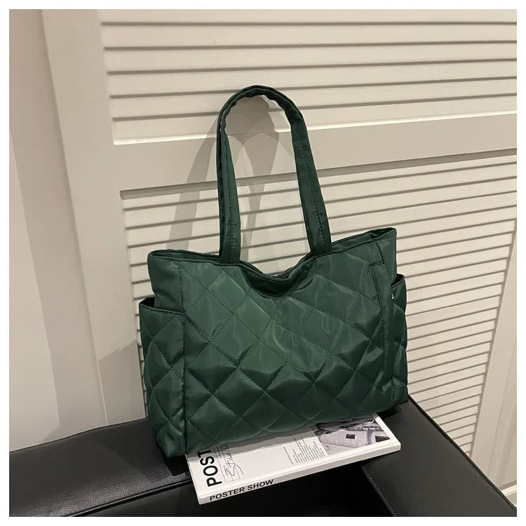 Autumn Winter Top Handle Bag Women Large Capacity Lightweight Commuting Tote Quilted Simple Texture
