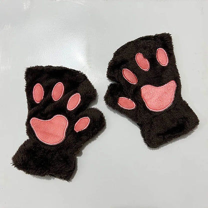 Cat Paw Fingerless Gloves – Cute Fluffy Winter Mittens for Women & Girls