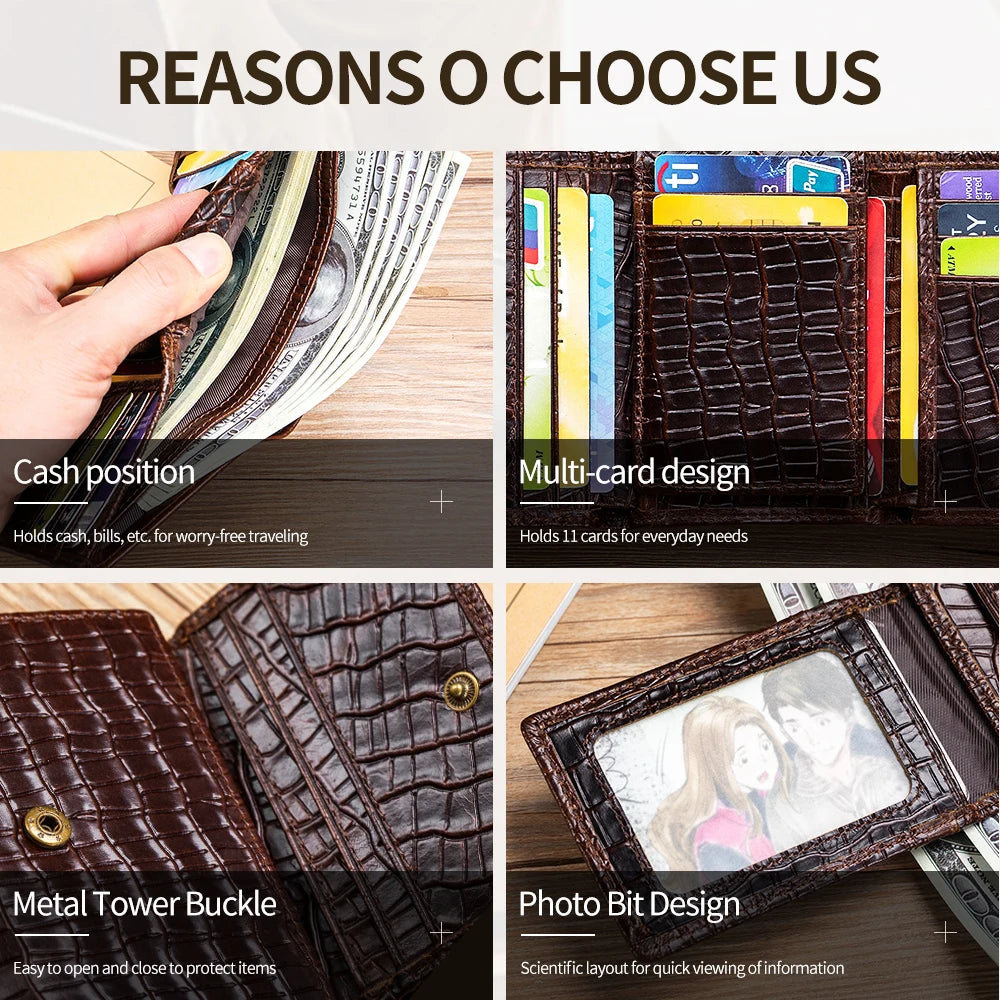 Men's Genuine Leather Crocodile Embossed Trifold Wallet