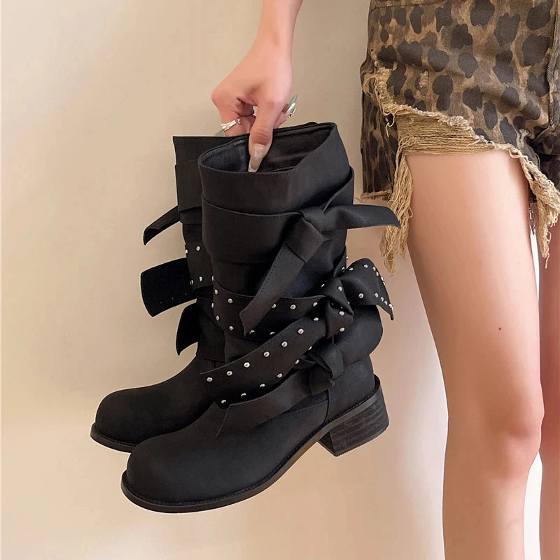 Punk Rivet Bow Mid-Calf Boots – Women's Block Heel British Style