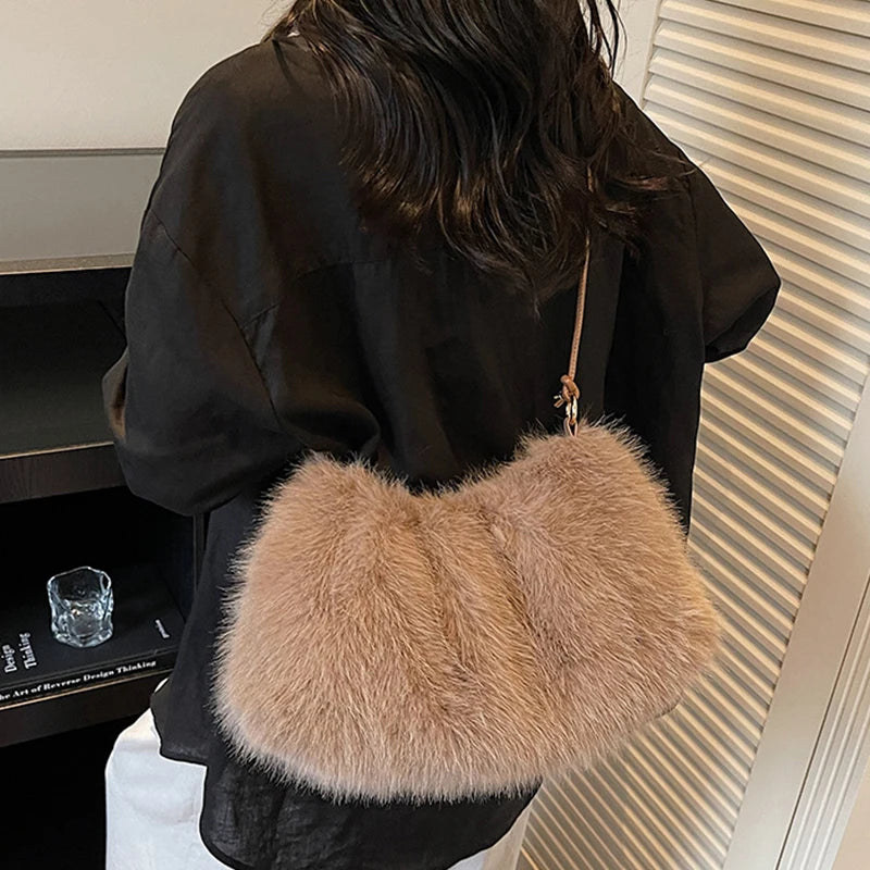 Faux Fur Plush Shoulder Bag – Women's Luxury Tote Handbag