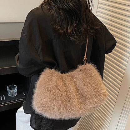 Faux Fur Plush Shoulder Bag – Women's Luxury Tote Handbag