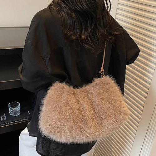 Faux Fur Plush Shoulder Bag – Women's Luxury Tote Handbag