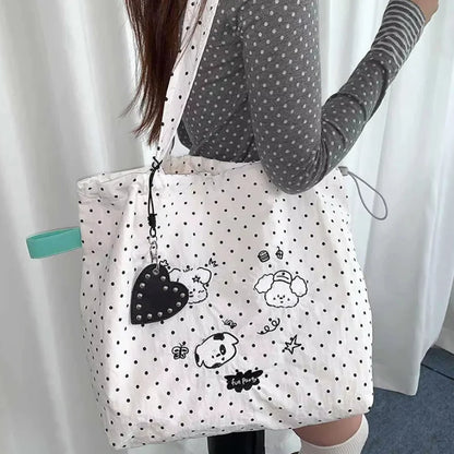 Cute Polka Dot Puppy Embroidery Shoulder Bag Cartoon Graffiti Nylon Tote Lightweight Large Capacity