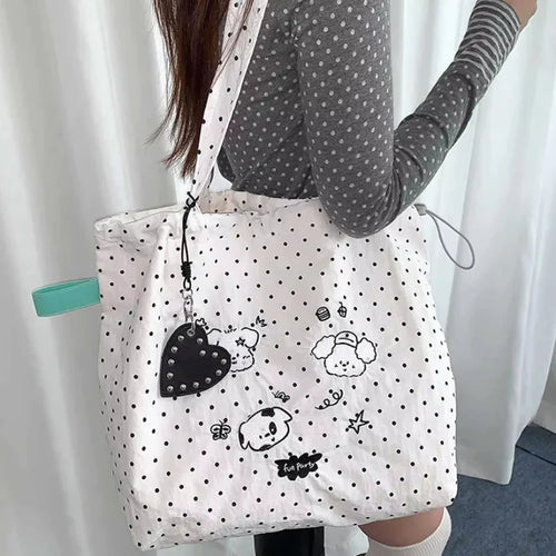 Cute Polka Dot Puppy Embroidery Shoulder Bag Cartoon Graffiti Nylon Tote Lightweight Large Capacity