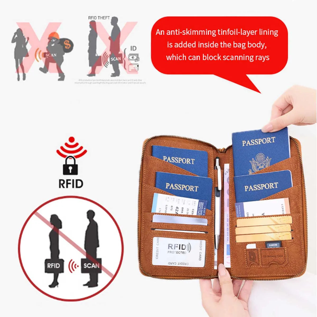 RFID Blocking Passport Wallet Travel Document Organizer with Zipper & Wrist Strap