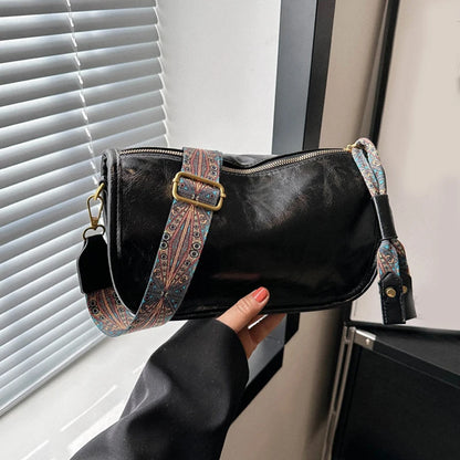 Vintage Leather Crossbody Bag – Pillow Style with Boho Printed Strap