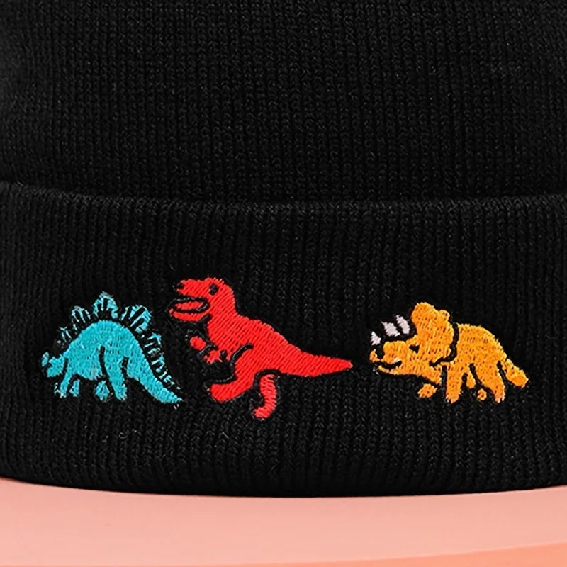 Dinosaur Embroidery Beanie Hat – Warm Knit Cap for Men & Women