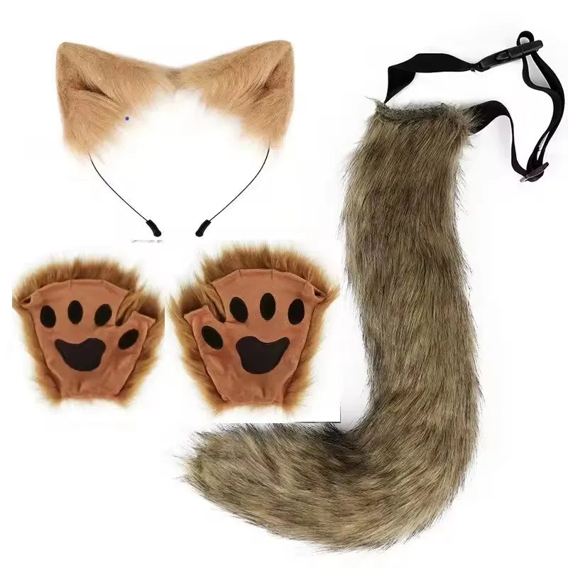 Fluffy Fox Tail & Wolf Mask Cosplay Set – 3pcs Halloween Costume