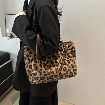 Leopard Print Fluffy Shoulder Bag – Large Capacity Chain Tote