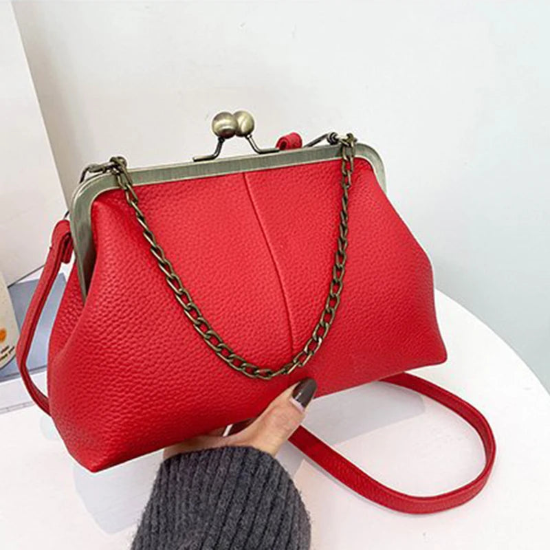 Vintage Kiss-Lock Chain Crossbody Bag for Women – Lychee Leather