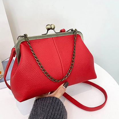 Vintage Kiss-Lock Chain Crossbody Bag for Women – Lychee Leather
