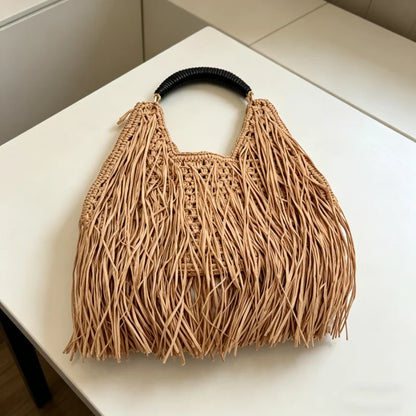 Tassel Fringe Straw Shoulder Bag – Large Boho Beach Handbag