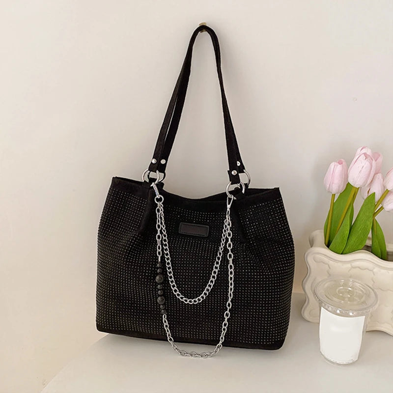 Rhinestone Tote Bag for Women – Large Bling Diamond PU Leather Chain Shoulder Bag