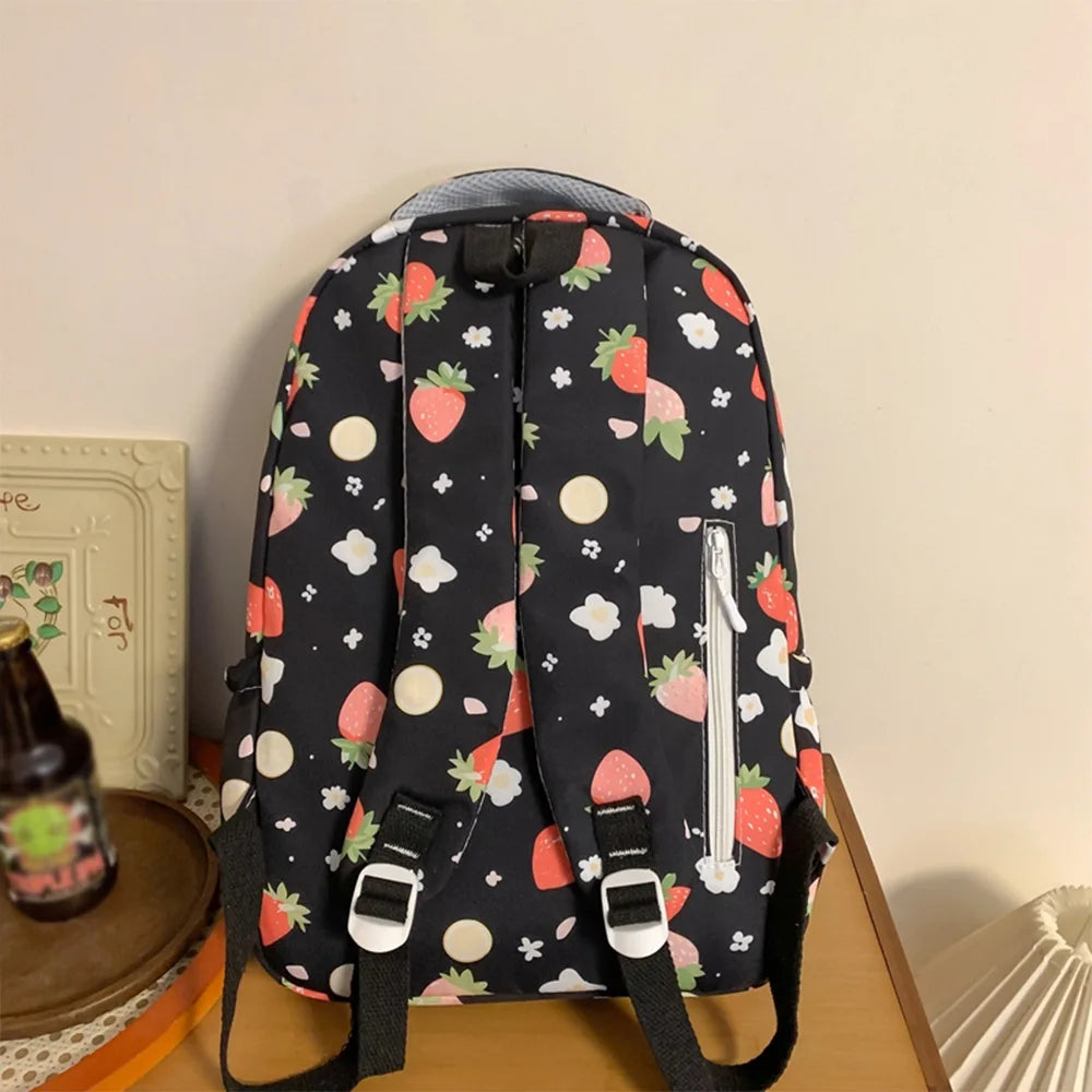 Strawberry Print Nylon Backpack – Cute Lightweight School Bag