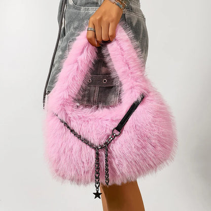 Fluffy Plush Shoulder Bag - Luxury Metal Chain Handbag for Women