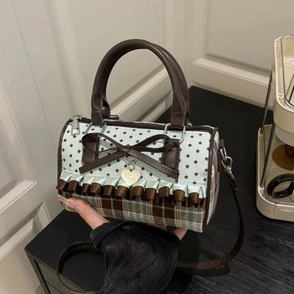 Mint Green Patchwork Bow Handbag – Plaid Canvas Tote Bag
