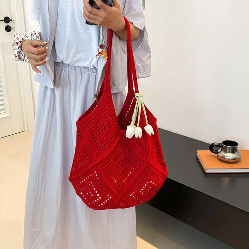 Large Crochet Knit Tote Bag – Vintage Cotton Shoulder Shopper
