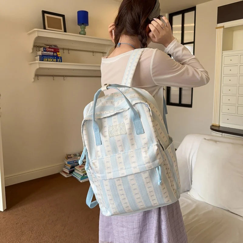Cute Bow Print Striped Backpack – Lightweight School Bag for Women
