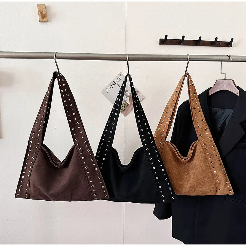 Frosted Leather Rivet Hobo Tote Bag – Women's Large Capacity Shoulder Bag