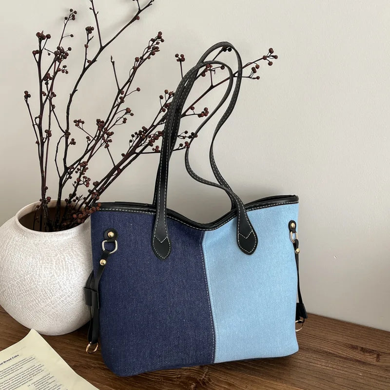 Large Capacity Denim Tote Bag for Women – Commuter Shoulder Bag