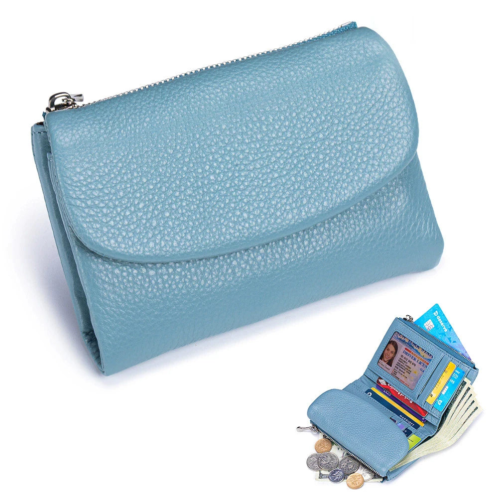 Metallic Genuine Leather Tri-Fold Women's Wallet Organizer Purse