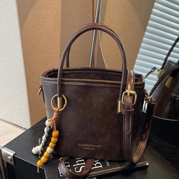 Leather Bucket Bag – Women's Crossbody Handbag with Bead Charm