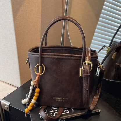 Leather Bucket Bag – Women's Crossbody Handbag with Bead Charm