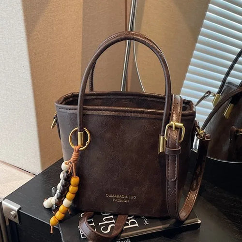 Leather Bucket Bag – Women's Crossbody Handbag with Bead Charm